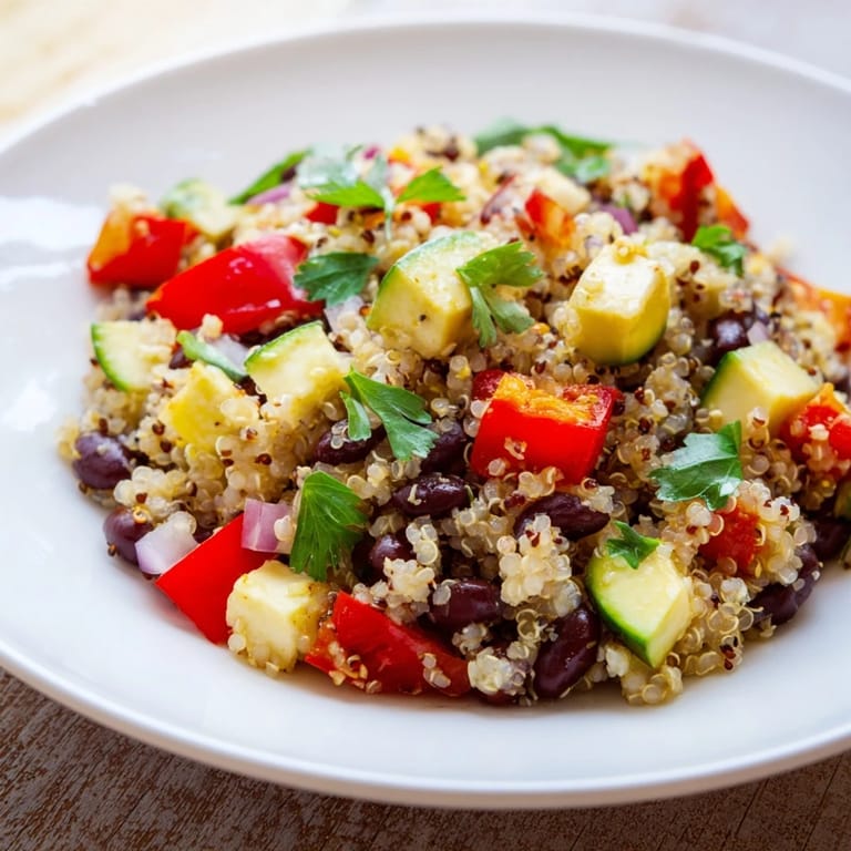 Vibrant image of refreshing quinoa and black bean salad with avocado, ready to serve and enjoy.