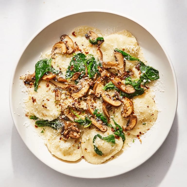 A single pan full of vibrant One-Dish Mushroom and Spinach Gnocchi, flavored with thyme and sauteed mushrooms.
