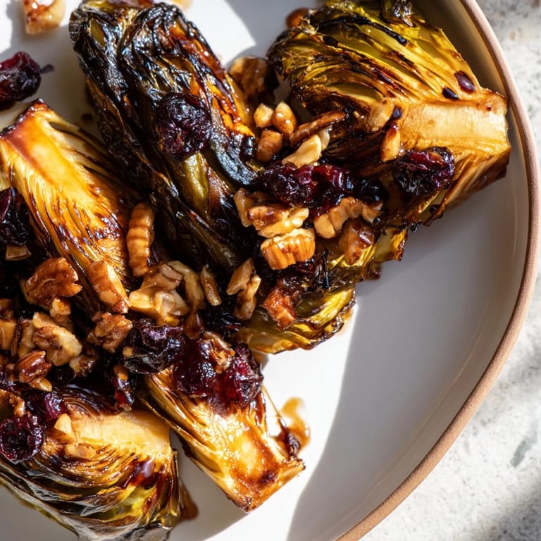 Close-up of caramelized Winter Roasted Brussels Sprouts, topped with nuts, offering a sweet & savory bite.