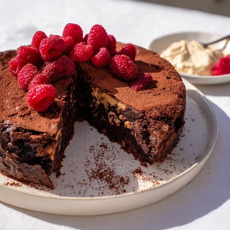 This photo shows a close-up of a warm, fudgy Decadent Dark Chocolate Brownie Tart, a delicious American dessert.