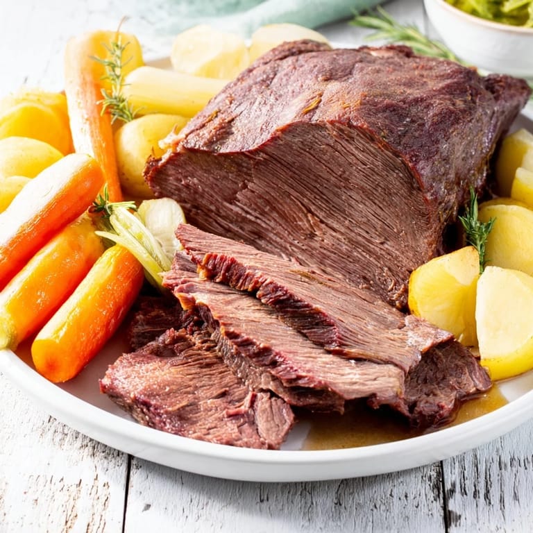 Fork-tender Slow-Roasted Beef Pot Roast with vibrant root vegetables, a comforting winter dish.