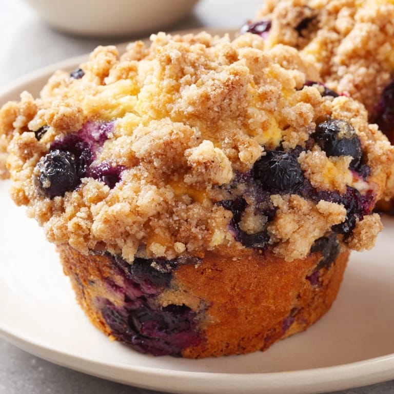 Freshly baked homemade blueberry muffins, their tops piled high with buttery streusel, ready to enjoy.