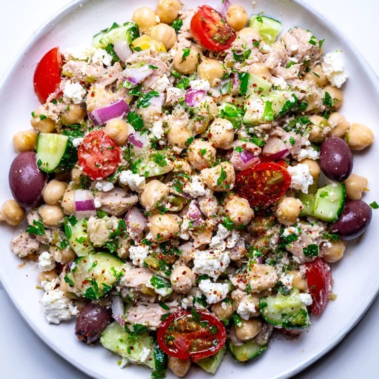 A close-up shot of the Tuna Chickpea Salad bowl, showcasing the protein-rich ingredients.
