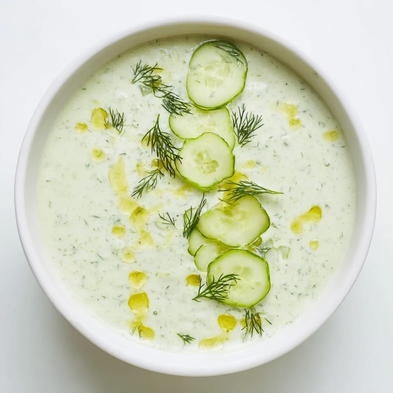 Bright green chilled cucumber garlic soup, blended smooth, ready to be served in chilled bowls.