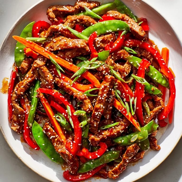 This flavorful sweet teriyaki pork stir-fry combines tender pork with vibrant vegetables, perfectly glazed and ready to serve.