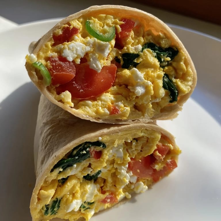 A delicious, Mediterranean-inspired feta egg wrap featuring fresh ingredients and a satisfying texture.