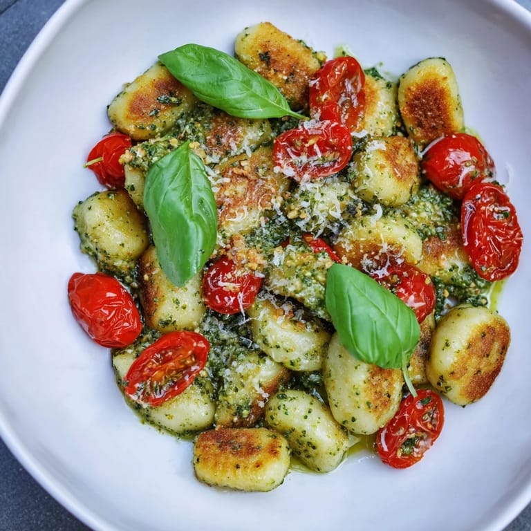 A close-up of crispy gnocchi tossed with pesto, showcasing the creamy sauce and fresh Italian flavors.