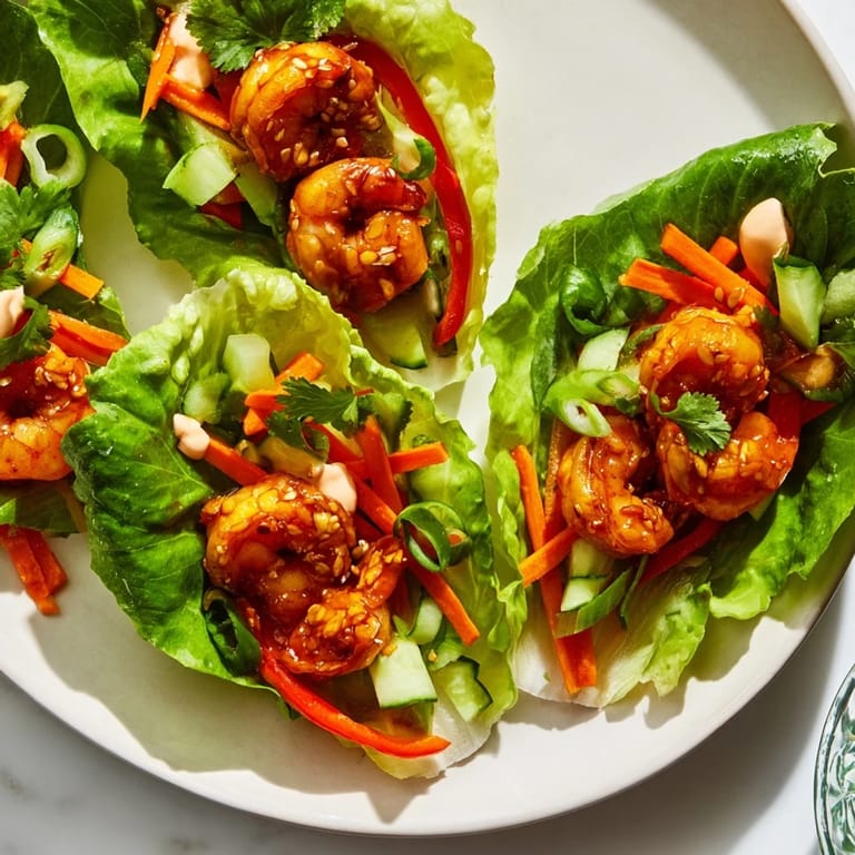 Close-up of vibrant shrimp lettuce cups, a low-carb appetizer bursting with flavor and crunch.