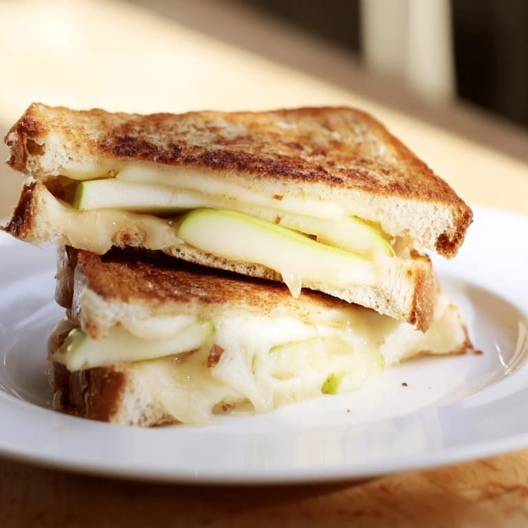 Crisp apple and creamy Brie grilled cheese sandwich, perfectly toasted and oozing delicious cheese.