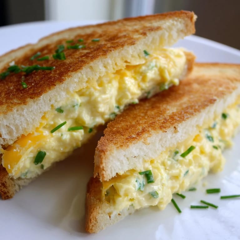 Crispy-edged Egg Salad Grilled Cheese offers a delightful combination of savory egg salad and cheese flavors.