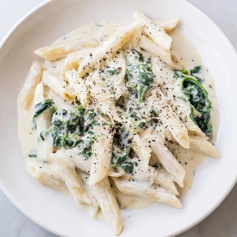 A bowl of Creamy Spinach Pasta, garnished with parmesan, perfect for a cozy dinner.