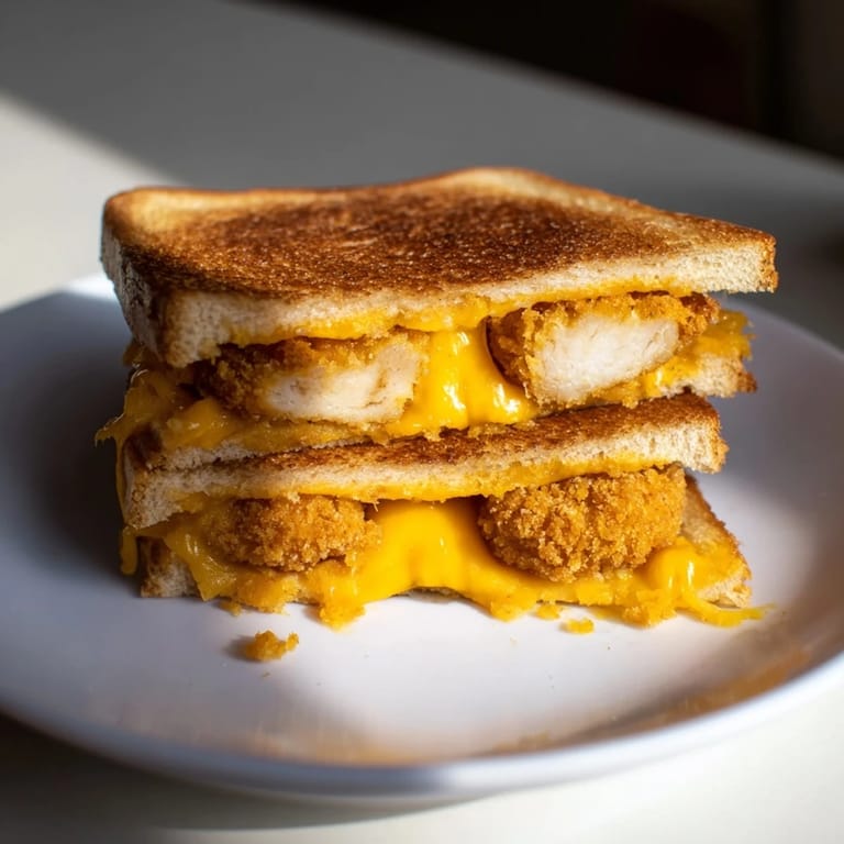 Perfectly browned Chicken Nugget Grilled Cheese showcases crispy nuggets and gooey cheese on a plate.