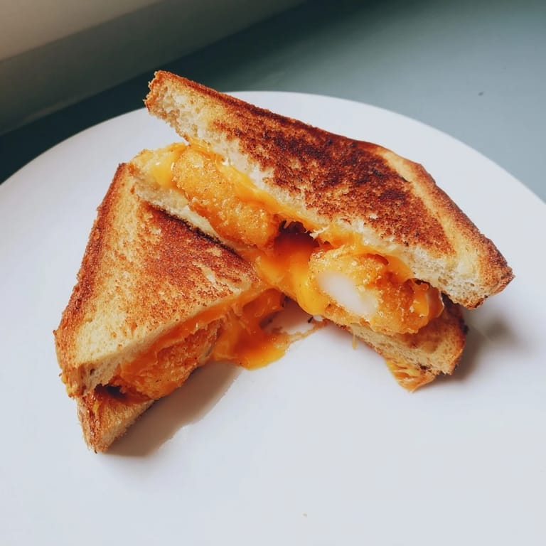 A close-up of a Chicken Nugget Grilled Cheese sandwich, cut in half, ready to enjoy.