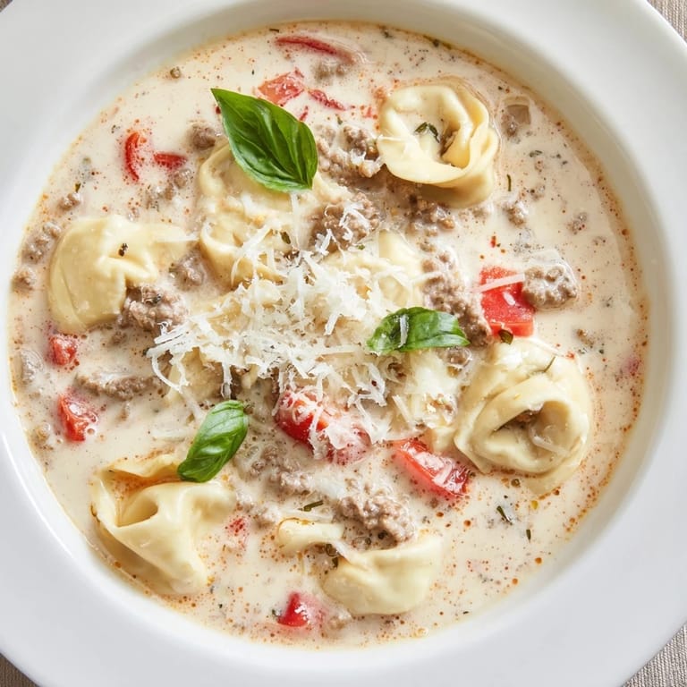 Steaming bowl of Tortellini Beef Soup, featuring tender tortellini with ground beef in a rich tomato broth.