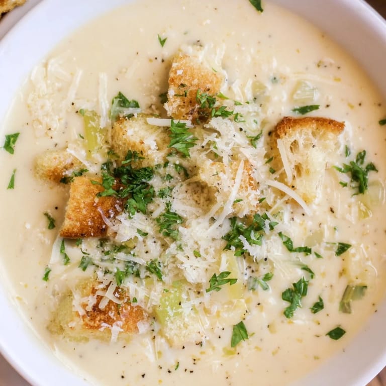 A steaming bowl of creamy garlic bread soup boasts a rich, flavorful broth, ready to eat.