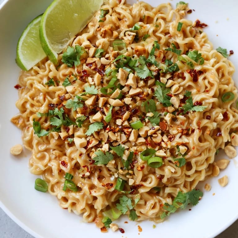 Bright overhead shot highlighting creamy, saucy Instant Peanut Thai Sauce Noodles with fresh garnishes.