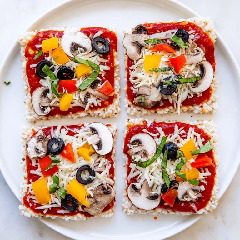 Warm Rice Cake Pizza Squares offering a gluten-free twist on pizza, loaded with delicious toppings.