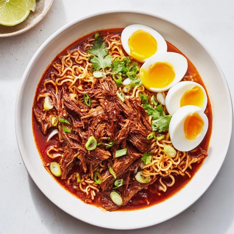 Enjoy a large bowl of Chaos Cooking Birria Ramen, a fusion of complex flavors and textures.