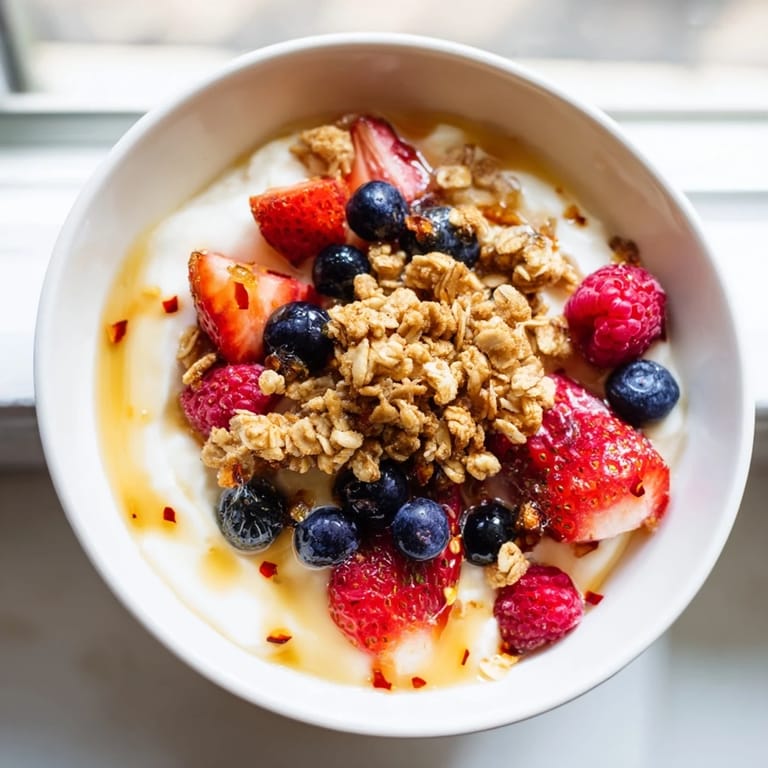 Enjoy this colorful cottage cheese hot honey bowl, a sweet and savory treat bursting with flavor.