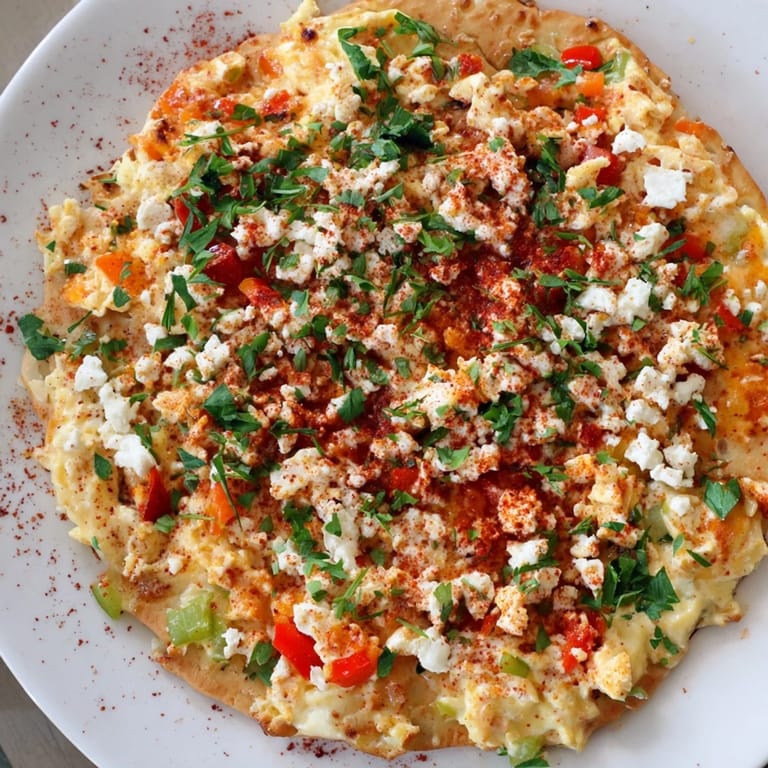 A close-up shot of the flavorful Turkish Menemen Eggs Pizza, with a crispy crust and bubbly topping.