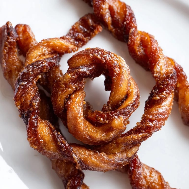 Crispy baked Spiced Bacon Twists with a glossy brown sugar glaze, perfect for a party appetizer.