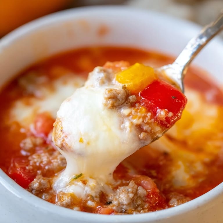 Steaming Pizza Soup with hearty sausage, tomato-rich broth, and fresh basil garnish for a cozy meal.