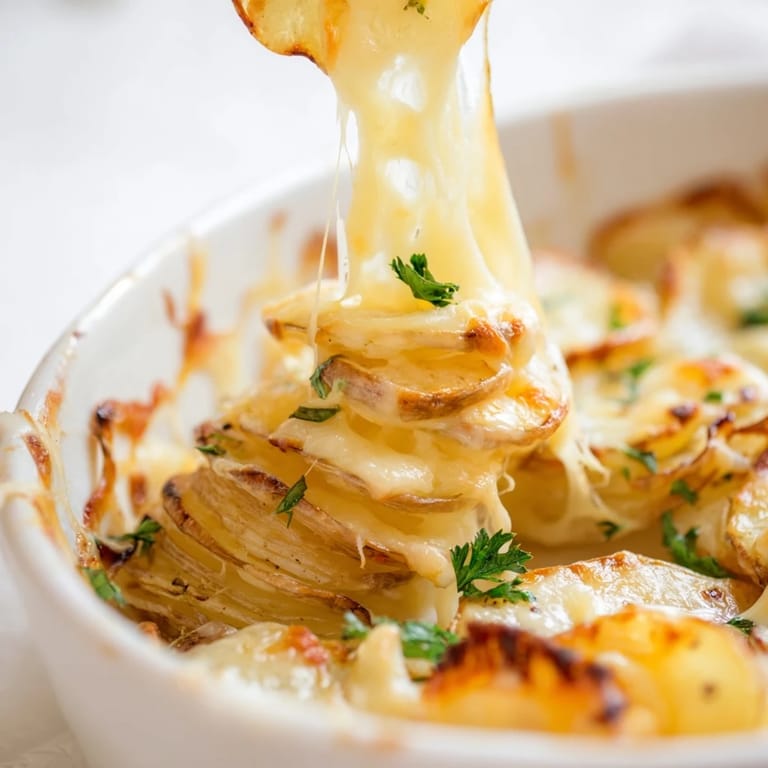 In a baking dish, French Onion Soup Potatoes are baked to bubbling perfection, with melted Gruyère and deep brown onions over golden potatoes.