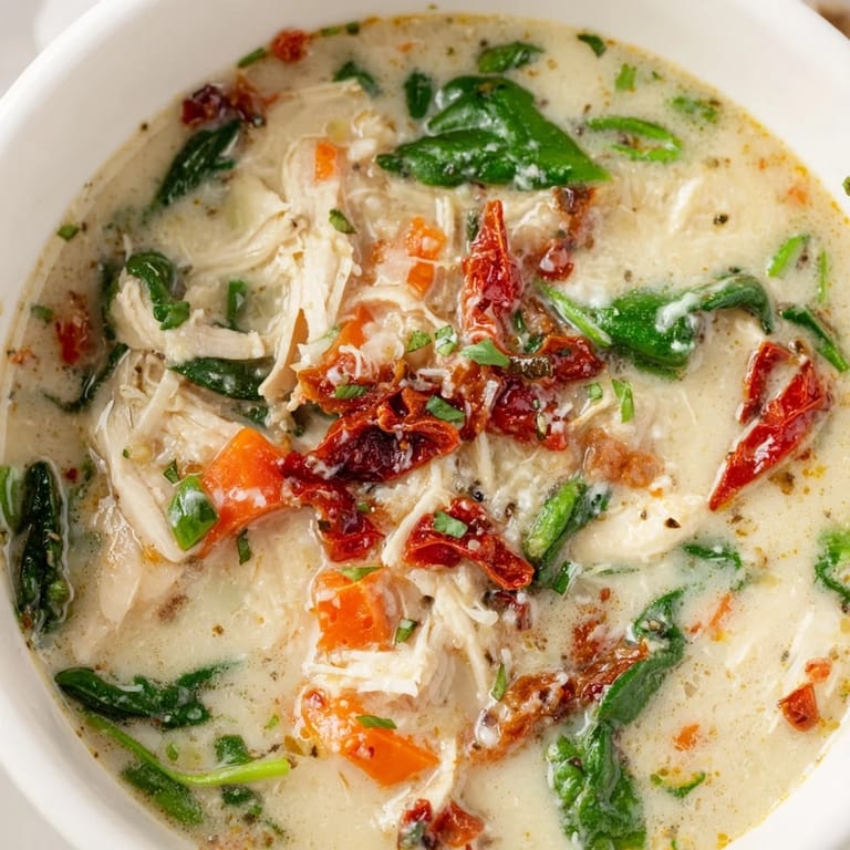 Close-up of Creamy Tuscan Chicken Soup with tender chicken, wilted spinach, and vibrant tomatoes, ready to serve with olive oil.