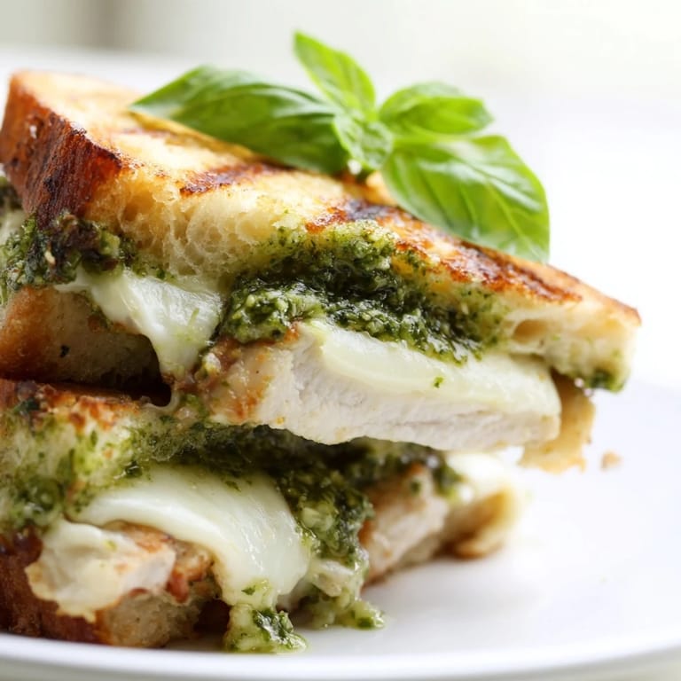 Pesto Chicken Melt sandwich with juicy chicken, creamy basil pesto, and ripe tomato slices.