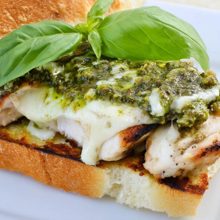 Golden Pesto Chicken Melt featuring gooey cheese, aromatic herbs, served on a crunchy ciabatta roll.