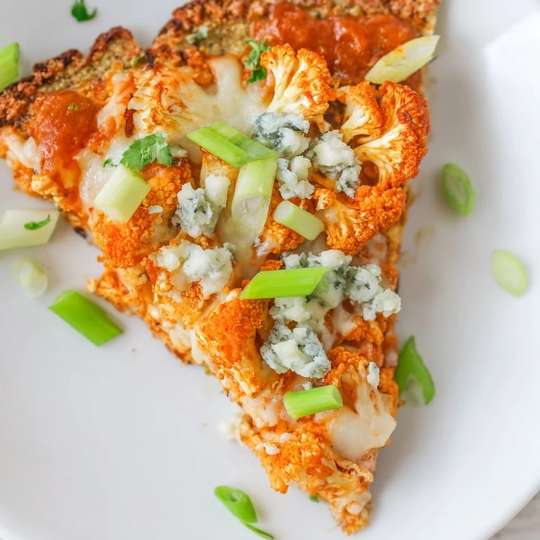 Sizzling Buffalo Cauliflower Pizza fresh from the oven, garnished with scallions and celery, perfect for a vegetarian game day meal.
