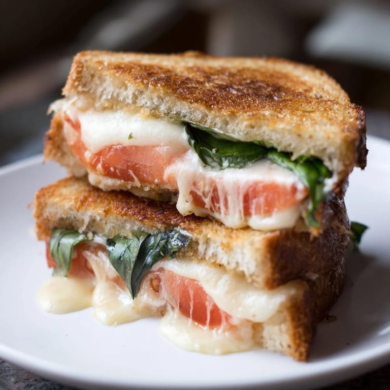 Classic American Tomato Basil Grilled Cheese grilled to golden perfection, served hot with gooey mozzarella and fragrant basil.