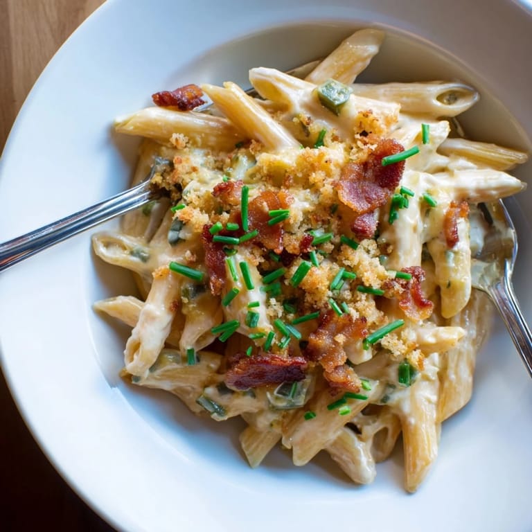 Sizzling skillet of Jalapeño Popper Pasta tossed with roasted jalapeños and bacon, perfect for weeknight family dinners.