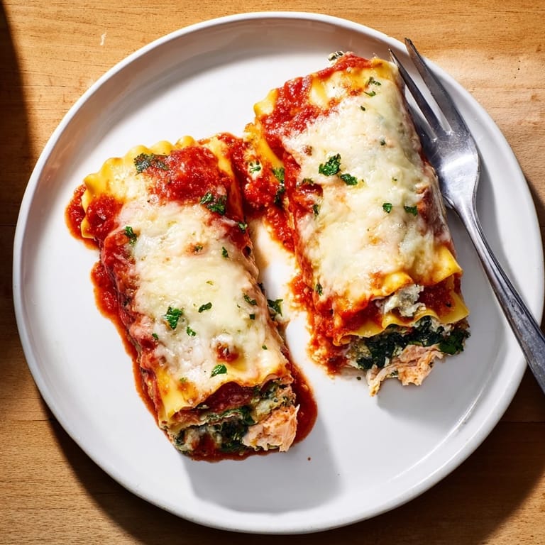 Tender pasta spirals filled with creamy chicken, ricotta, and fresh spinach, resting in a ceramic baking dish.