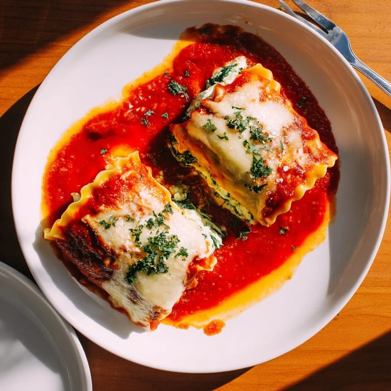 Homemade Chicken and Spinach Lasagna Rolls served on a white plate, garnished with parsley and ready to enjoy.