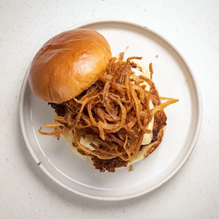 Homemade Crispy Onion Chicken Sandwich served with pickles and golden fried onions on a rustic plate.