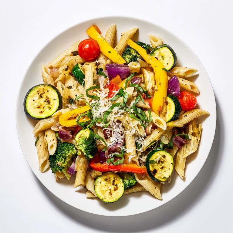 Freshly grated Parmesan and basil garnish this easy, colorful Pasta Primavera, served warm from the skillet for a family meal.