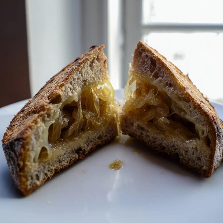 A close-up of a Caramelized Onion & Gruyère Grilled Cheese slice, revealing sweet onion layers and nutty melted cheese.