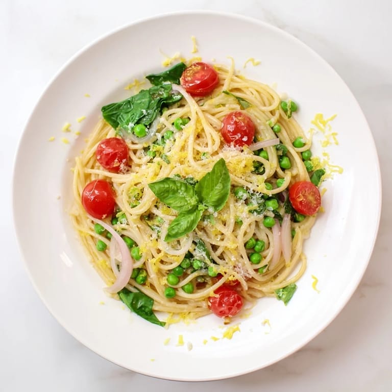 A steaming bowl of Spring Veggie One-Pot Spaghetti is topped with fresh basil and melted Parmesan, ready for a quick weeknight dinner.