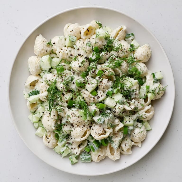 Close-up of Cucumber Crunch Pasta Salad showing chilled pasta, crisp cucumbers, and herbs tossed in tangy dressing, perfect for summer picnics.