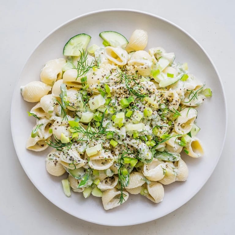 A serving of Cucumber Crunch Pasta Salad garnished with dill and everything bagel seasoning, ideal for backyard gatherings or potlucks.