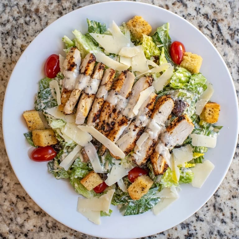 A close-up of chopped romaine, cherry tomatoes, and croutons topped with tender grilled chicken and shaved Parmesan for a vibrant salad presentation. 