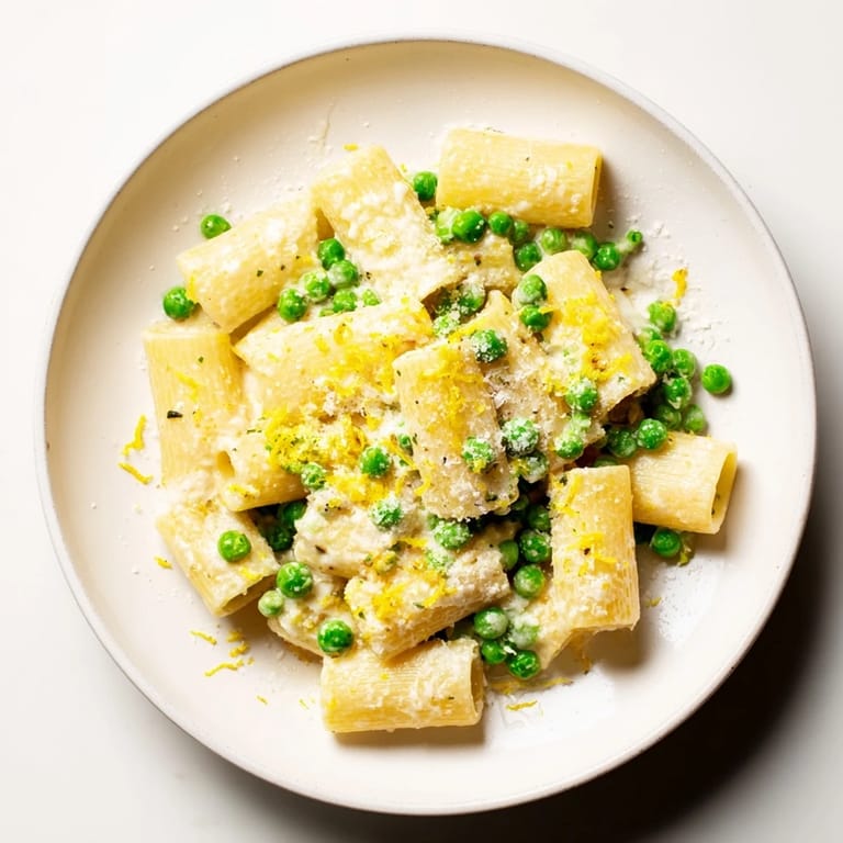 A close-up of Pea & Lemon Ricotta Pasta garnished with fresh basil and extra Parmesan, ready for a spring dinner.  