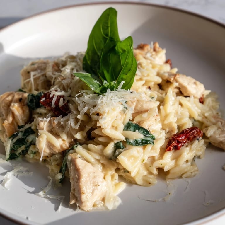 Tuscan Chicken Orzo served hot in a skillet, garnished with basil and grated Parmesan cheese.