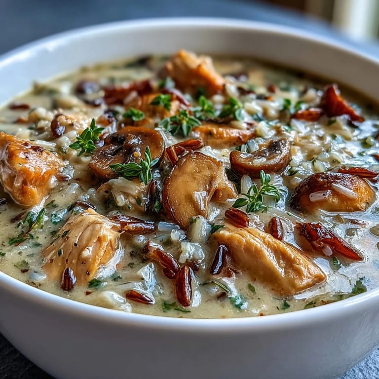 A hearty bowl of Parmesan Mushroom Chicken and Wild Rice Soup, topped with cheese.