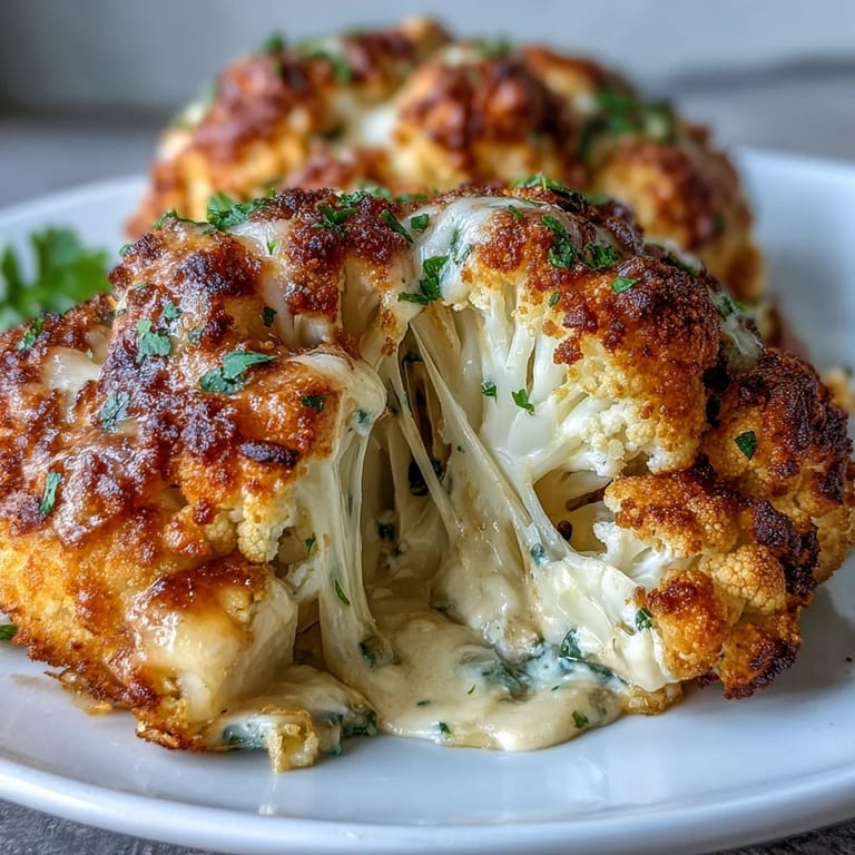 Close-up of Cheesy Stuffed Cauliflower Head, revealing a creamy cheese filling and crispy, buttery topping on the golden florets.