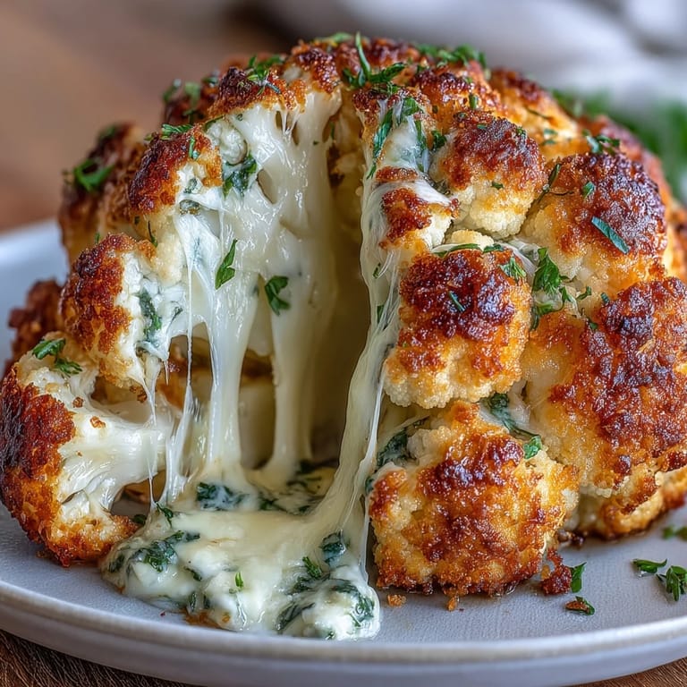 Sliced wedge of Cheesy Stuffed Cauliflower Head, steam rising, paired with fresh greens on a rustic serving plate.