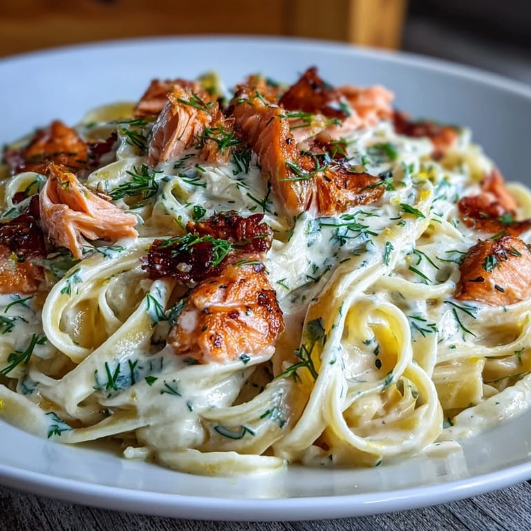 The Best Creamy Salmon Pasta served hot, creamy lemon sauce glistening beside a glass of white wine.
