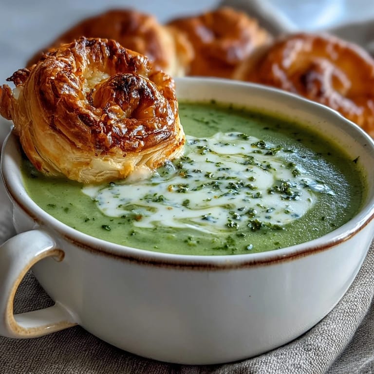 A close-up of velvety orange soup topped with fresh broccoli florets and a buttery pastry ready to be dipped.