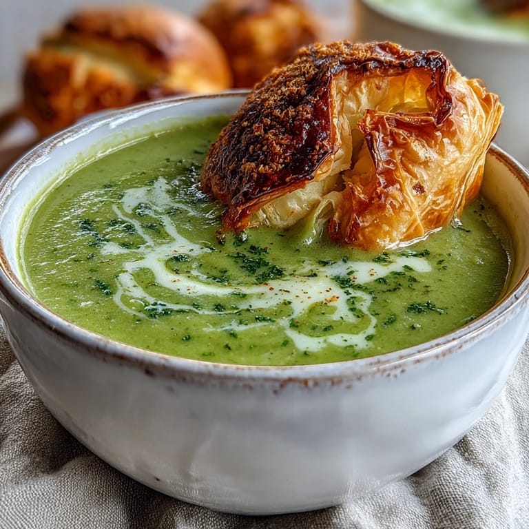 Contemporary American vegetarian dinner featuring a rich, blended soup and a warm, cheese-filled puff pastry, perfect for cozy meals.